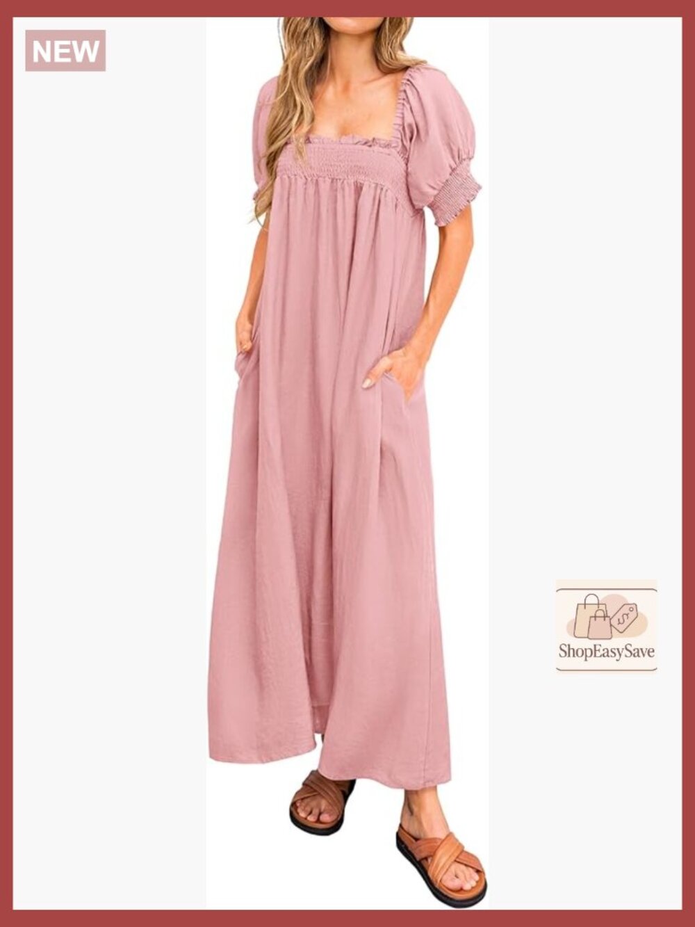 Puff Sleeve Square Neck Maxi Dress Maternity Flowy Beach Casual with Pockets